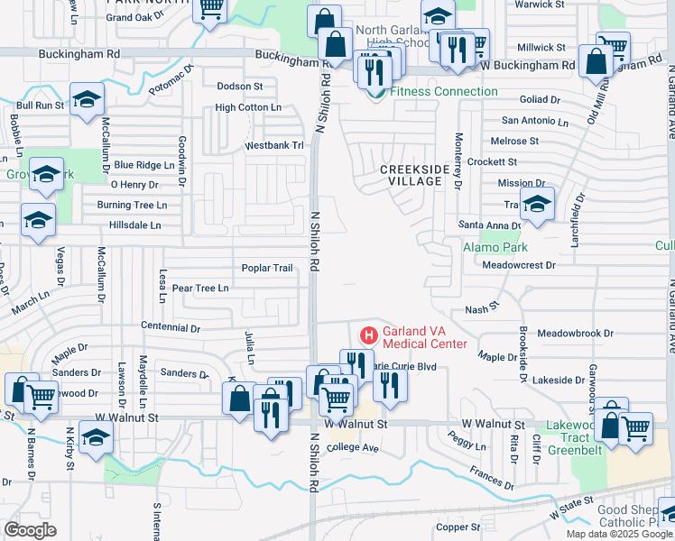 map of restaurants, bars, coffee shops, grocery stores, and more near 1000 North Shiloh Road in Garland