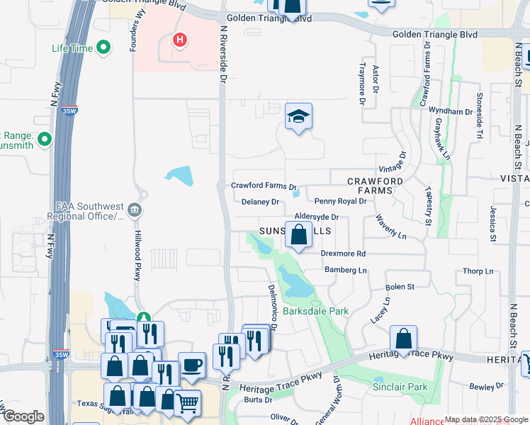 map of restaurants, bars, coffee shops, grocery stores, and more near 3705 Aldersyde Drive in Fort Worth