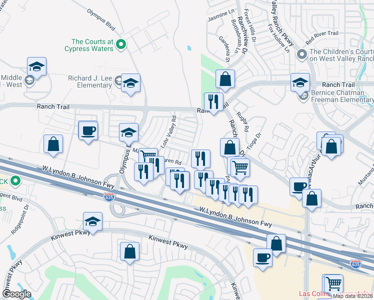 map of restaurants, bars, coffee shops, grocery stores, and more near 8627 Knox Street in Irving
