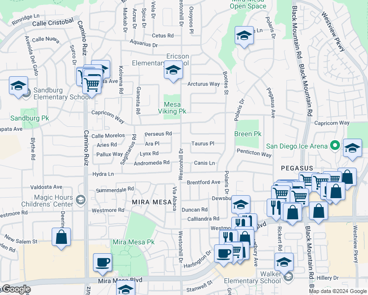 map of restaurants, bars, coffee shops, grocery stores, and more near 11087 Westonhill Drive in San Diego