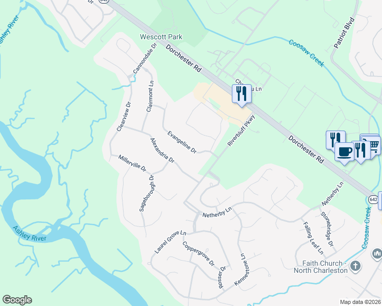 map of restaurants, bars, coffee shops, grocery stores, and more near 8723 Evangeline Drive in North Charleston