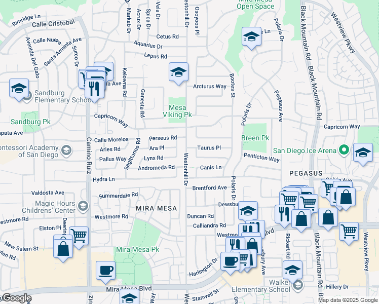 map of restaurants, bars, coffee shops, grocery stores, and more near 11087 Westonhill Drive in San Diego