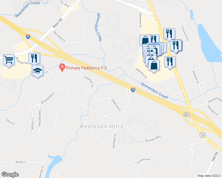 map of restaurants, bars, coffee shops, grocery stores, and more near 109 Eastwick Court in Macon
