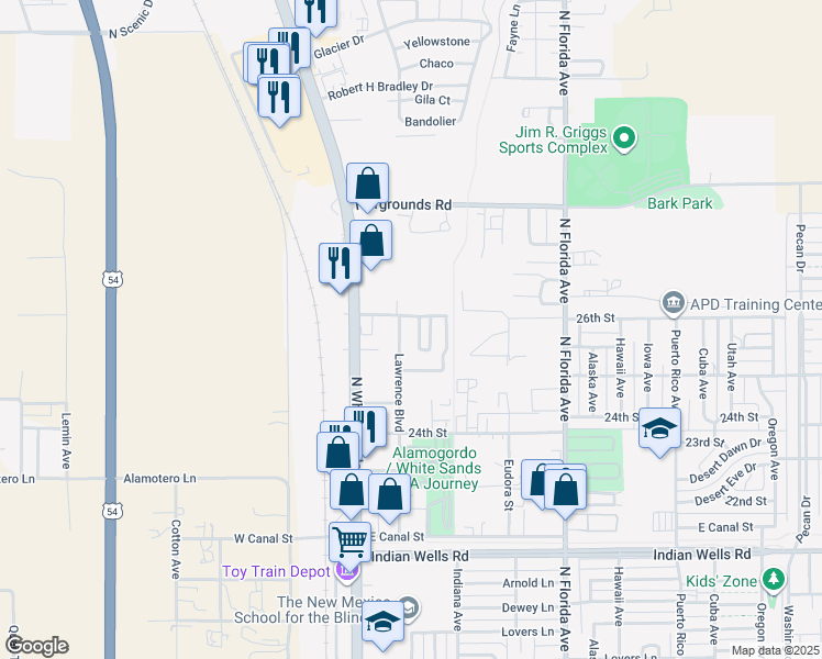 map of restaurants, bars, coffee shops, grocery stores, and more near 2660-2806 Lawrence Boulevard in Alamogordo