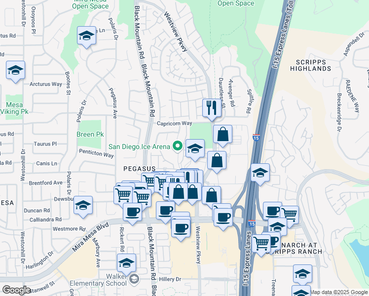 map of restaurants, bars, coffee shops, grocery stores, and more near 11061 Ice Skate Place in San Diego