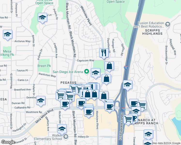map of restaurants, bars, coffee shops, grocery stores, and more near 11091 Ice Skate Place in San Diego