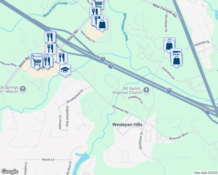 map of restaurants, bars, coffee shops, grocery stores, and more near 251 Chadwick Circle in Macon