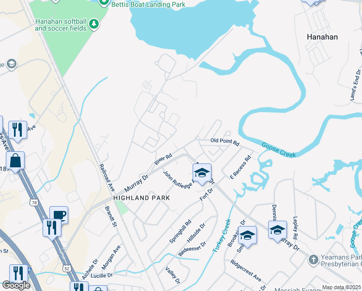 map of restaurants, bars, coffee shops, grocery stores, and more near 1112 River Rd in Hanahan