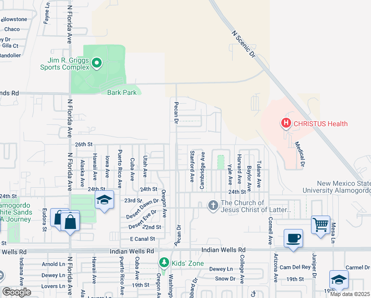 map of restaurants, bars, coffee shops, grocery stores, and more near 2509 Stanford Avenue in Alamogordo