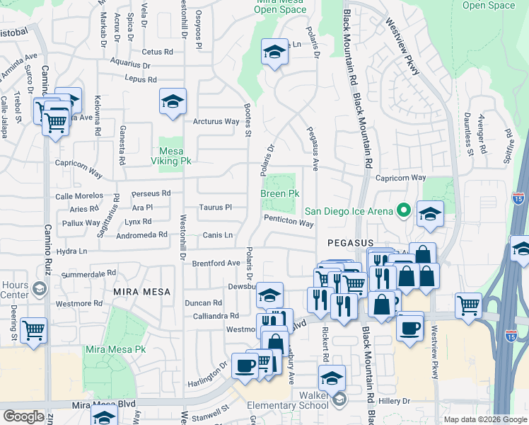 map of restaurants, bars, coffee shops, grocery stores, and more near 9027 Penticton Way in San Diego