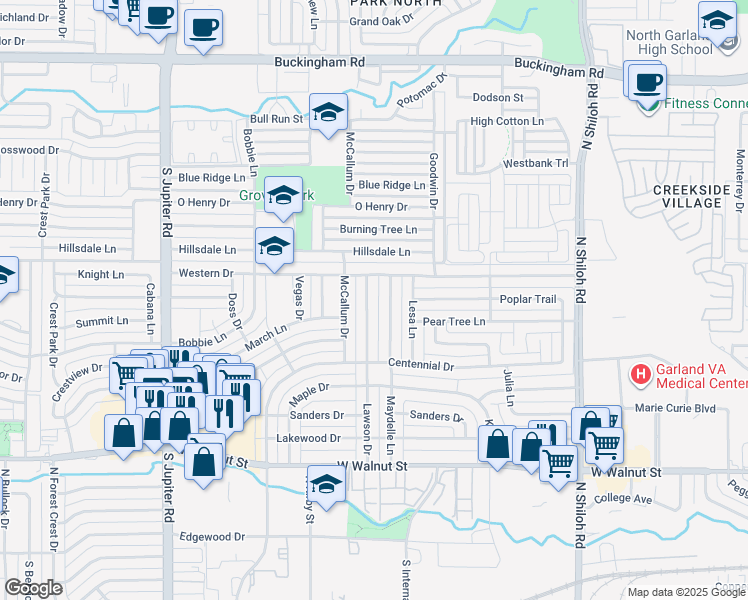 map of restaurants, bars, coffee shops, grocery stores, and more near 1013 Maydelle Lane in Garland