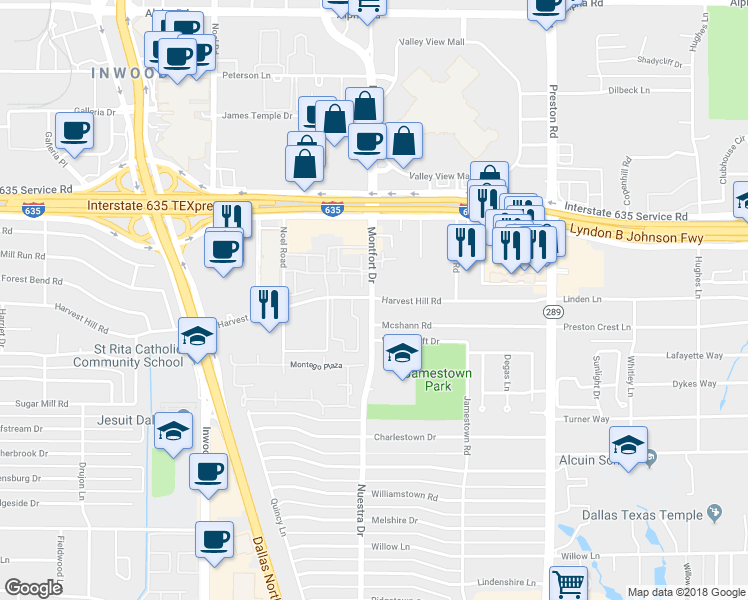 map of restaurants, bars, coffee shops, grocery stores, and more near 12709 Montfort Drive in Dallas