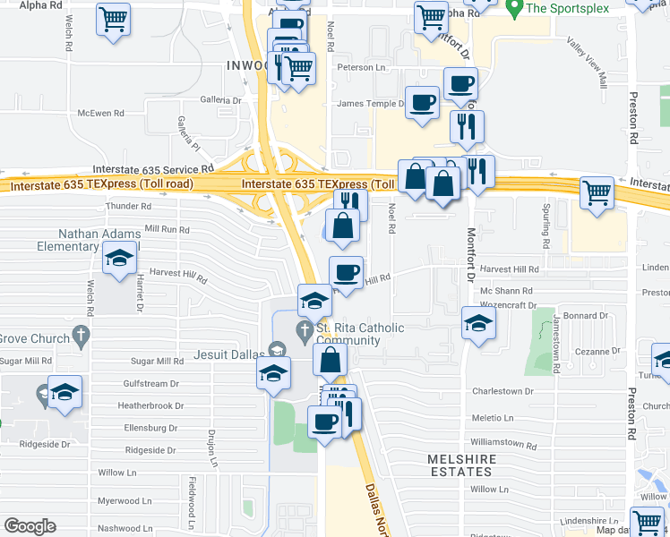 map of restaurants, bars, coffee shops, grocery stores, and more near 5430 Lyndon B Johnson Freeway in Dallas
