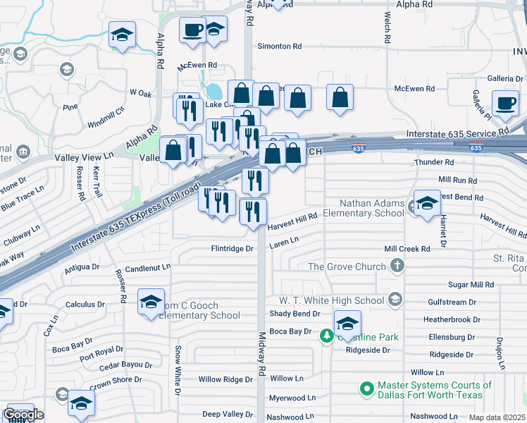 map of restaurants, bars, coffee shops, grocery stores, and more near 12755 Midway Road in Dallas