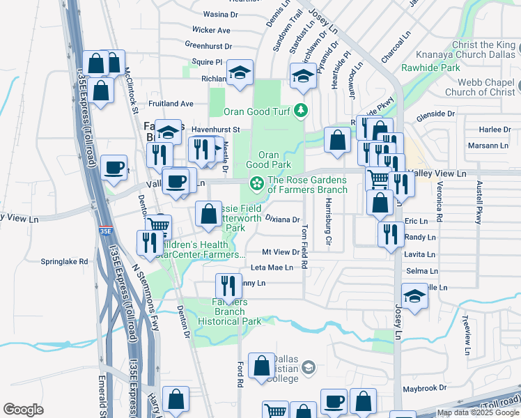 map of restaurants, bars, coffee shops, grocery stores, and more near 2607 Dixiana Drive in Farmers Branch