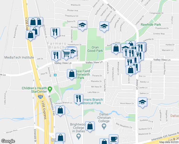 map of restaurants, bars, coffee shops, grocery stores, and more near 2607-2611 Dixiana Drive in Farmers Branch