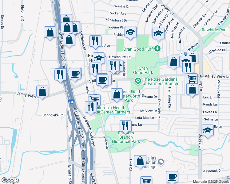 map of restaurants, bars, coffee shops, grocery stores, and more near 12823 Demetra Drive in Farmers Branch