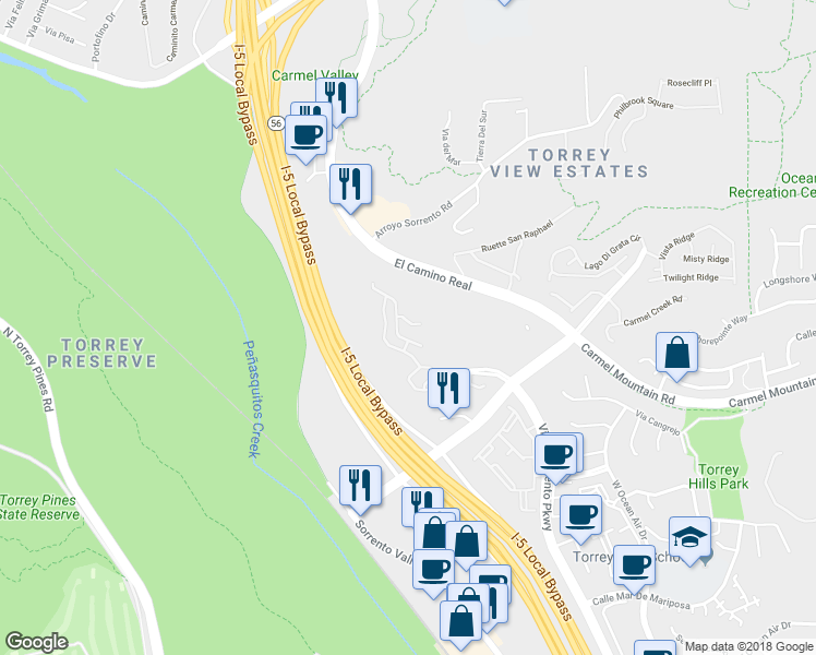 map of restaurants, bars, coffee shops, grocery stores, and more near 3616 Torrey View Court in San Diego