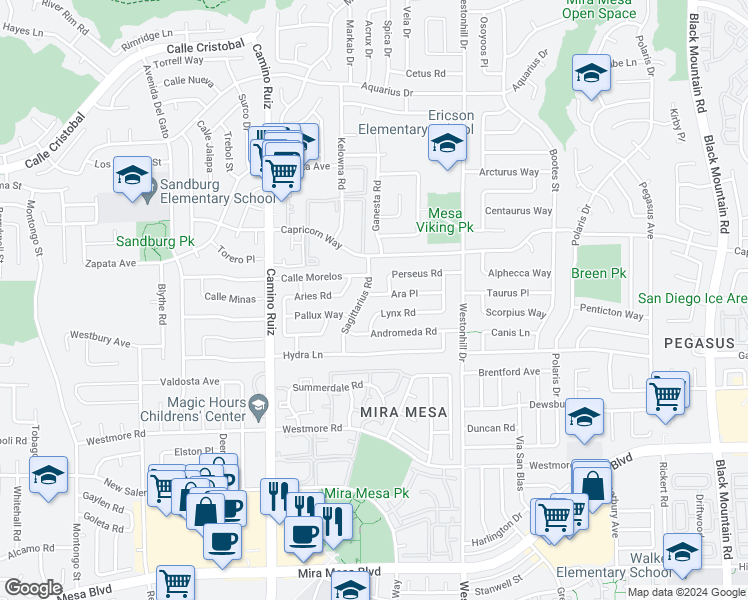map of restaurants, bars, coffee shops, grocery stores, and more near 8555 Ara Place in San Diego