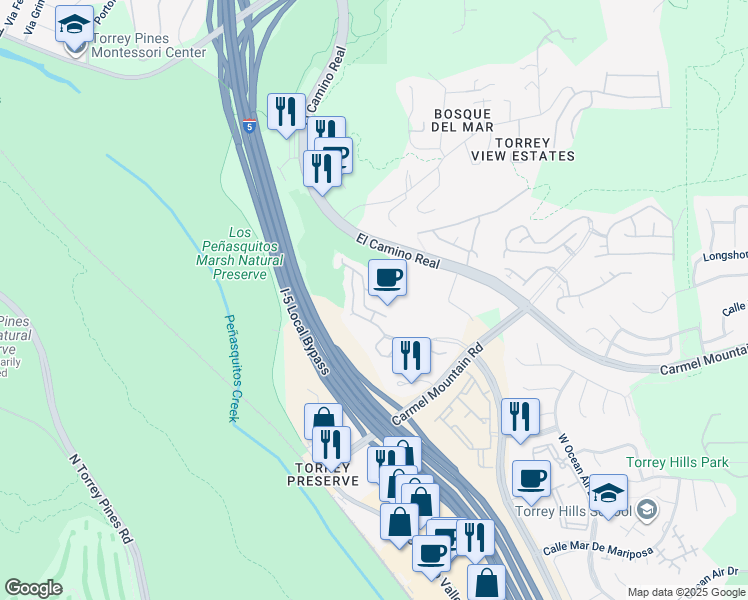 map of restaurants, bars, coffee shops, grocery stores, and more near 3616 Torrey View Court in San Diego