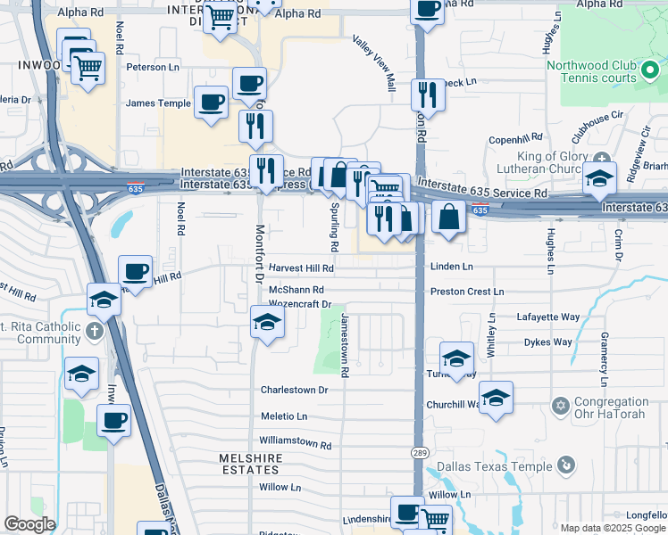 map of restaurants, bars, coffee shops, grocery stores, and more near 5723 Harvest Hill Rd in Dallas
