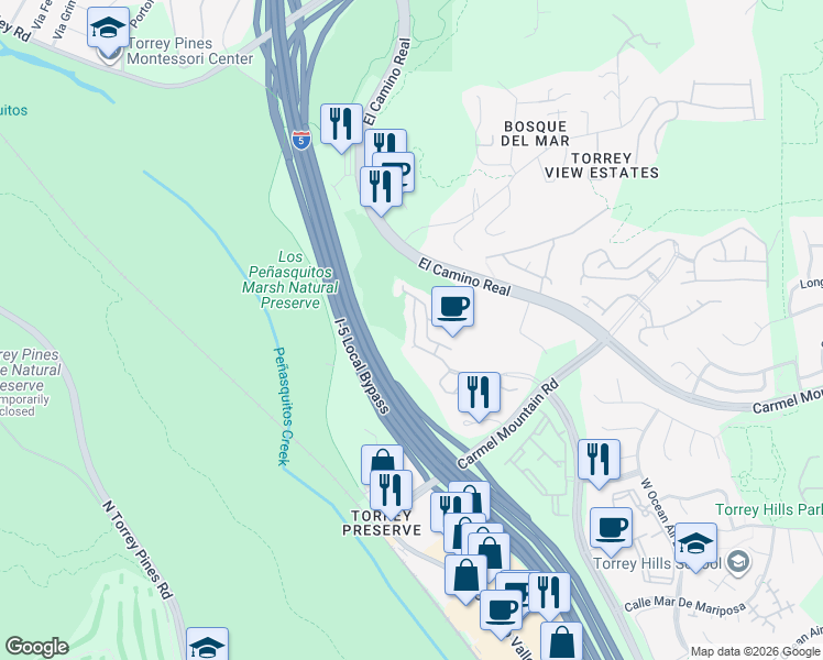 map of restaurants, bars, coffee shops, grocery stores, and more near 3584 Torrey View Court in San Diego