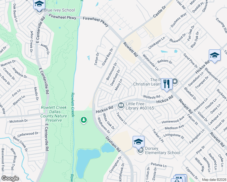 map of restaurants, bars, coffee shops, grocery stores, and more near 6925 Hominy Ridge in Rowlett