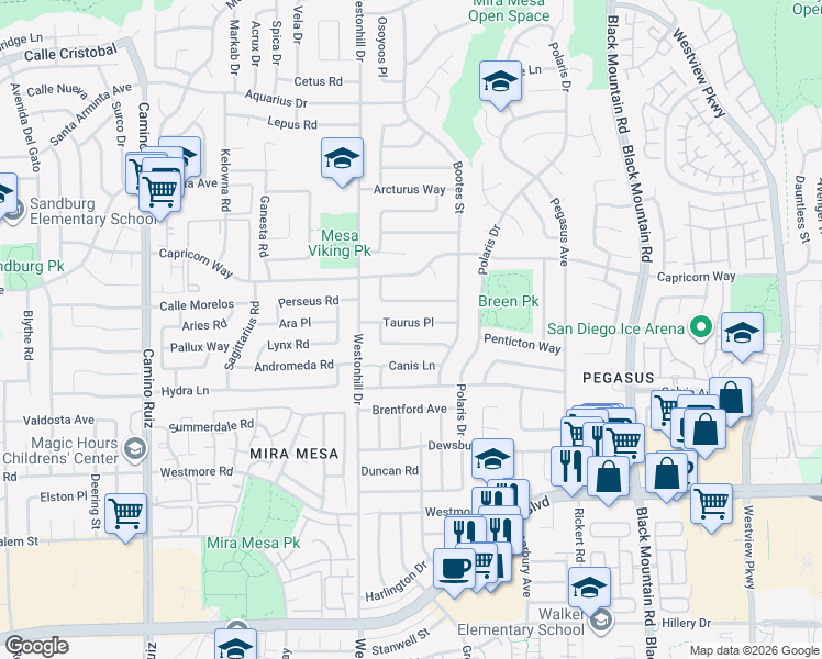 map of restaurants, bars, coffee shops, grocery stores, and more near 8907 Taurus Place in San Diego