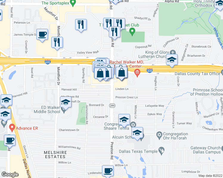 map of restaurants, bars, coffee shops, grocery stores, and more near Preston Rd & Harvest Hill Rd in Dallas