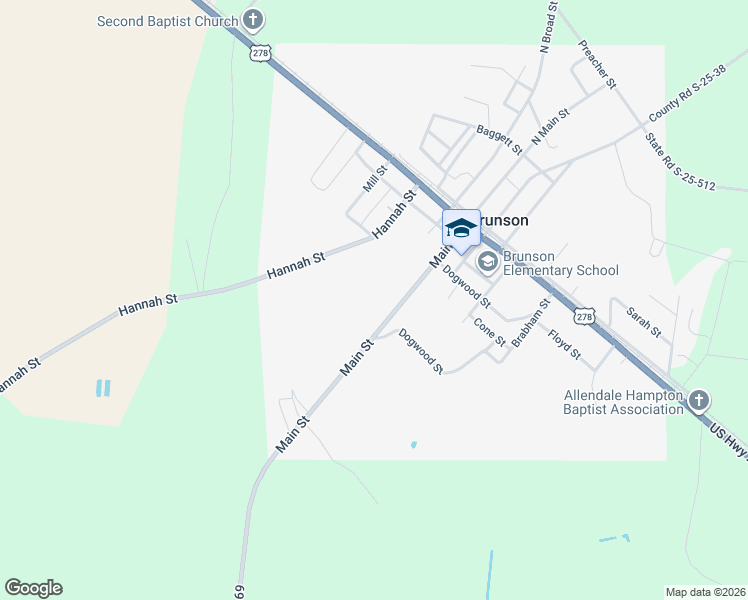 map of restaurants, bars, coffee shops, grocery stores, and more near Main Street in Brunson