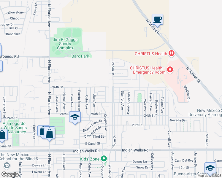 map of restaurants, bars, coffee shops, grocery stores, and more near 2509 Pecan Drive in Alamogordo