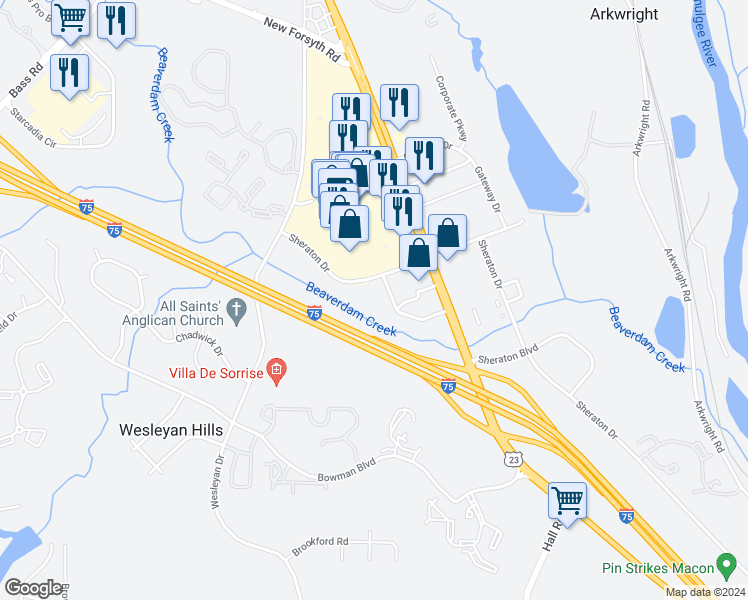 map of restaurants, bars, coffee shops, grocery stores, and more near 214 Sheraton Boulevard in Macon