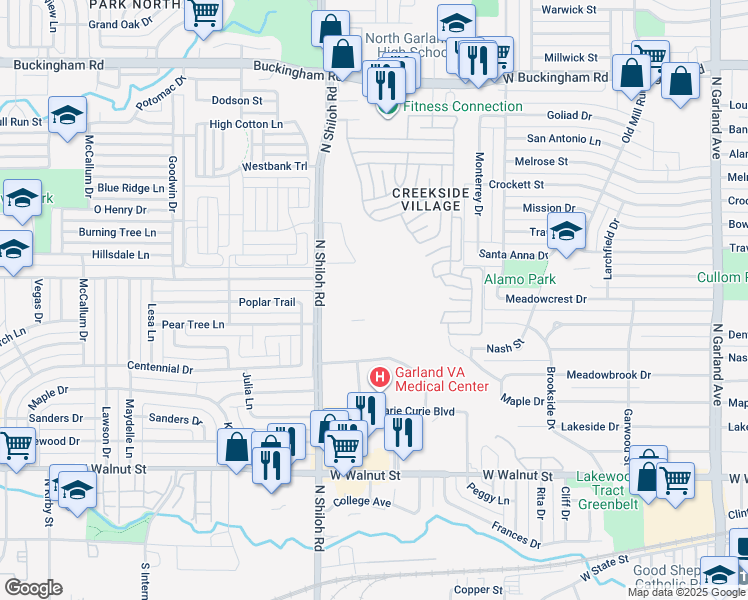 map of restaurants, bars, coffee shops, grocery stores, and more near 1000 North Shiloh Road in Garland