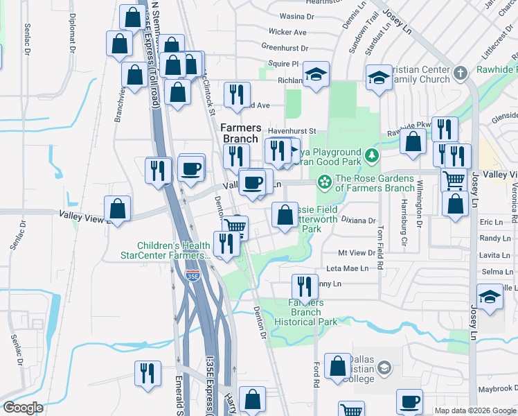 map of restaurants, bars, coffee shops, grocery stores, and more near 2500 Pepperwood Street in Farmers Branch