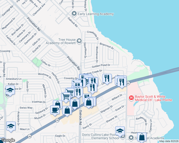 map of restaurants, bars, coffee shops, grocery stores, and more near 7013 Graham Drive in Rowlett