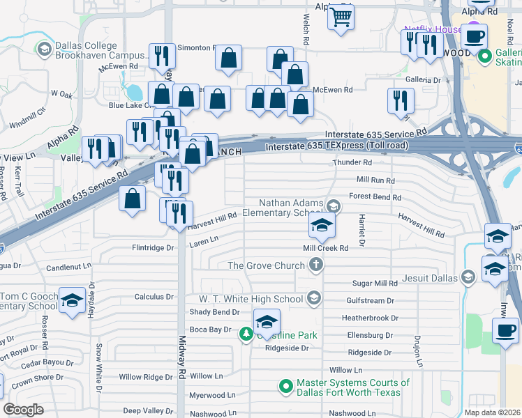 map of restaurants, bars, coffee shops, grocery stores, and more near 4408 Harvest Hill in Dallas