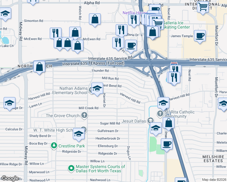 map of restaurants, bars, coffee shops, grocery stores, and more near 4818 Harvest Hill Road in Dallas