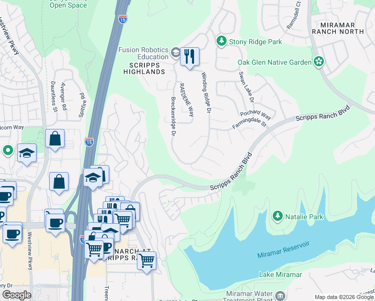 map of restaurants, bars, coffee shops, grocery stores, and more near 11281 Crystal Oaks Way in San Diego