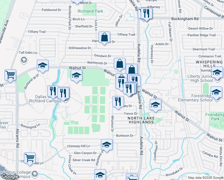 map of restaurants, bars, coffee shops, grocery stores, and more near 9696 Walnut Street in Dallas