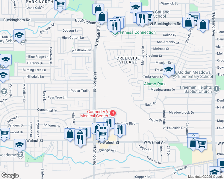 map of restaurants, bars, coffee shops, grocery stores, and more near 1102 North Shiloh Road in Garland