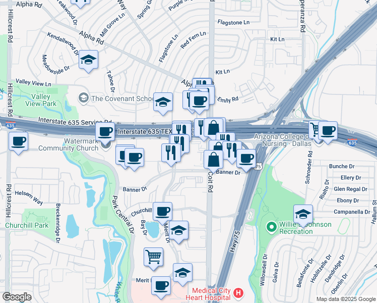 map of restaurants, bars, coffee shops, grocery stores, and more near 12770 Merit Drive in Dallas