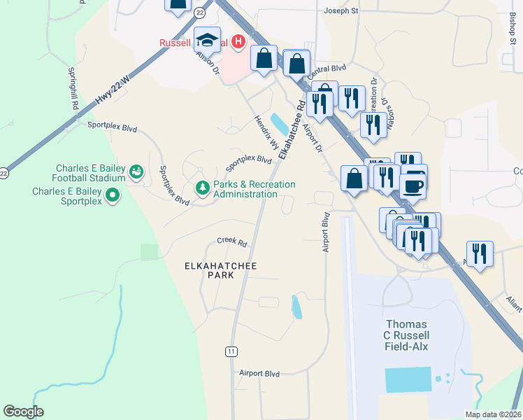 map of restaurants, bars, coffee shops, grocery stores, and more near 1822 Elkahatchee Road in Alexander City