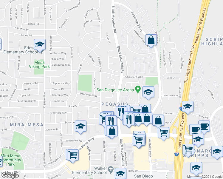 map of restaurants, bars, coffee shops, grocery stores, and more near 9234 Midbury Court in San Diego