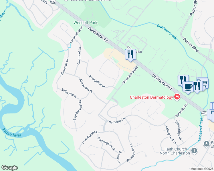 map of restaurants, bars, coffee shops, grocery stores, and more near 8723 Evangeline Drive in North Charleston