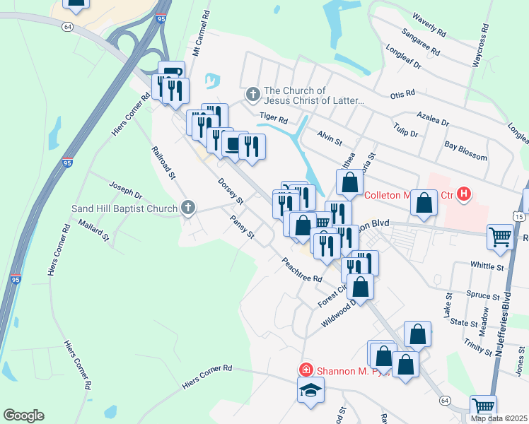 map of restaurants, bars, coffee shops, grocery stores, and more near 113 Dorsey Street in Walterboro