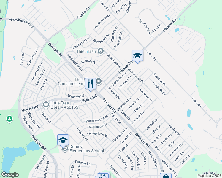 map of restaurants, bars, coffee shops, grocery stores, and more near 6800 Rowlett Road in Rowlett
