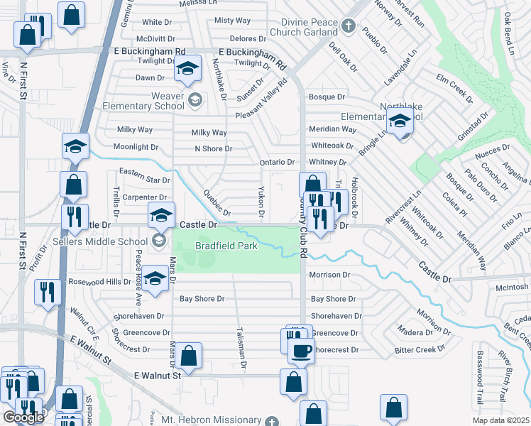 map of restaurants, bars, coffee shops, grocery stores, and more near 1241 Castle Drive in Garland