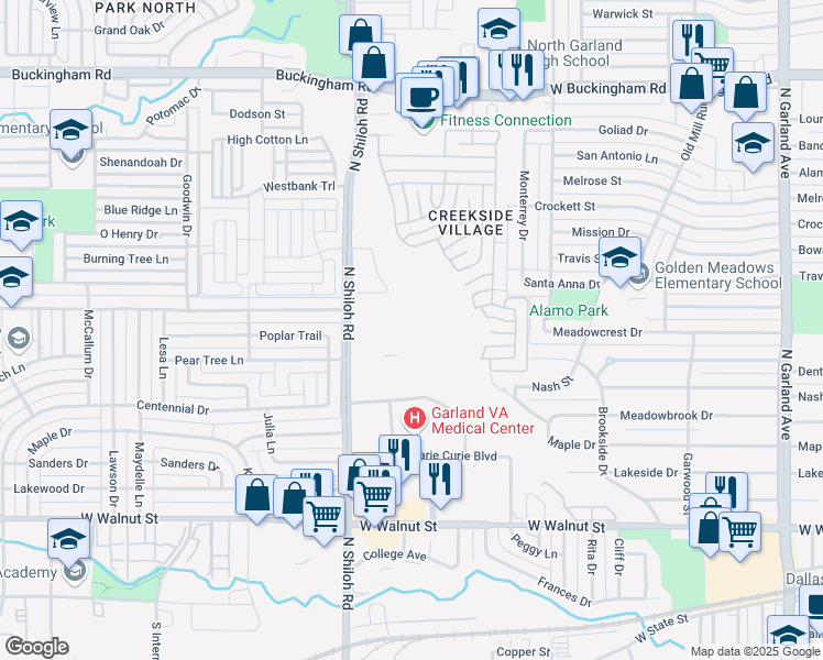 map of restaurants, bars, coffee shops, grocery stores, and more near 1000 North Shiloh Road in Garland