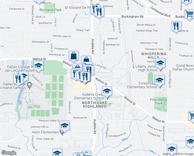 map of restaurants, bars, coffee shops, grocery stores, and more near 9840 Walnut Street in Dallas