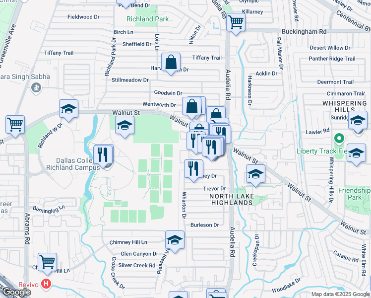 map of restaurants, bars, coffee shops, grocery stores, and more near 9696 Walnut Street in Dallas